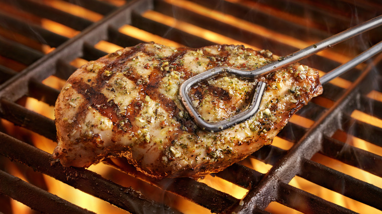 Grilled chicken in a pair of tongs