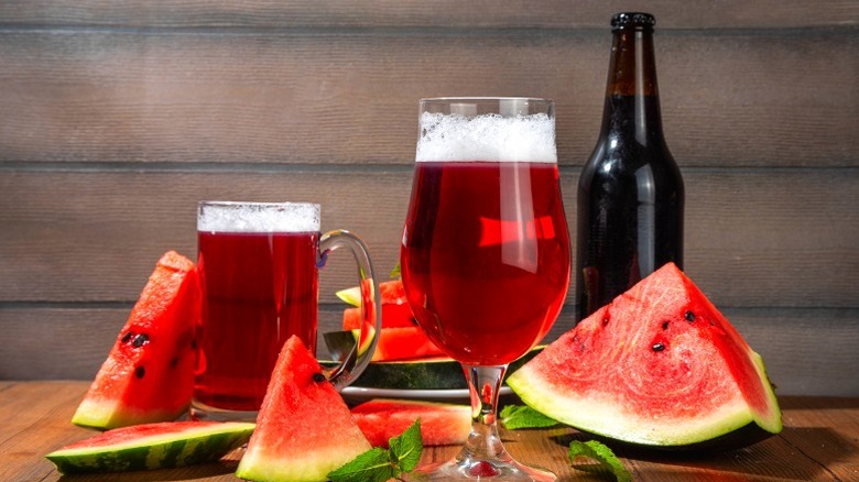 Watermelon shandy with watermelons and beer